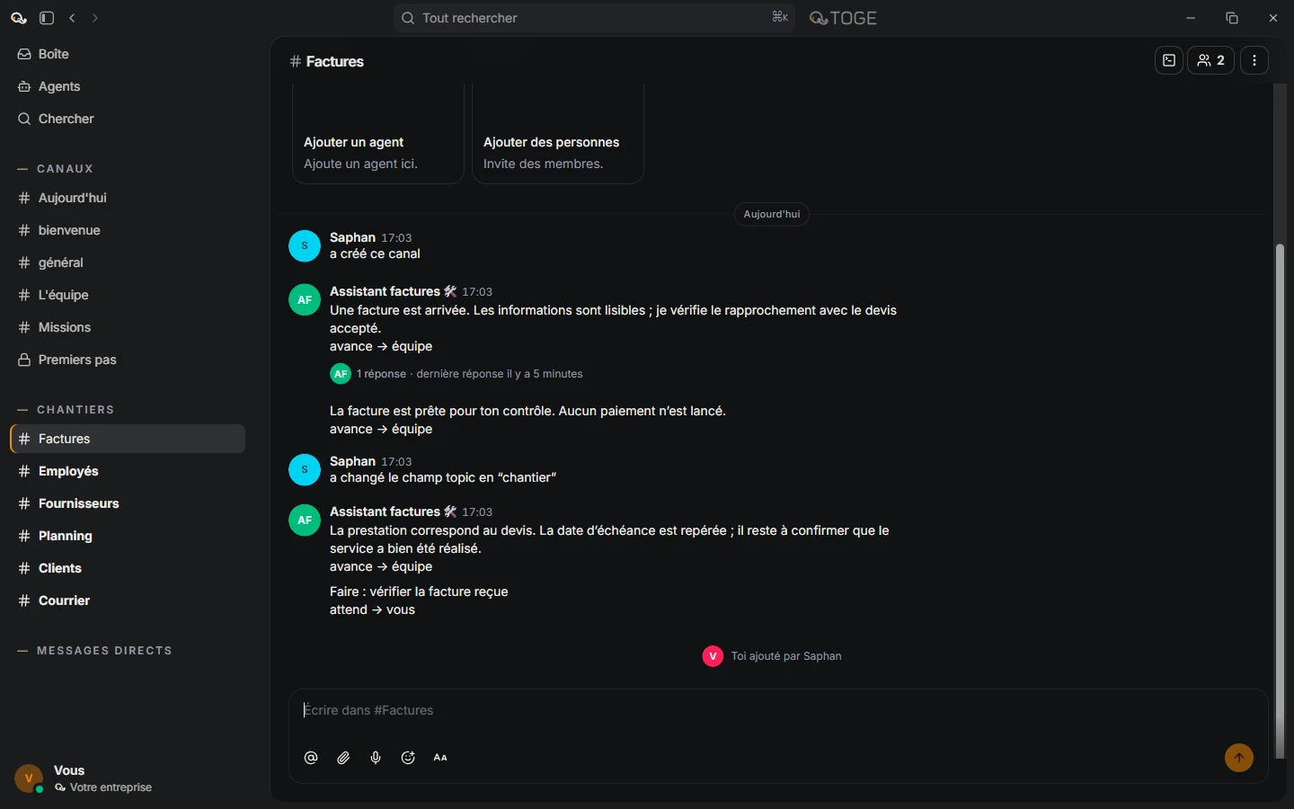 The Invoices conversation brings together the check and the prepared replies.