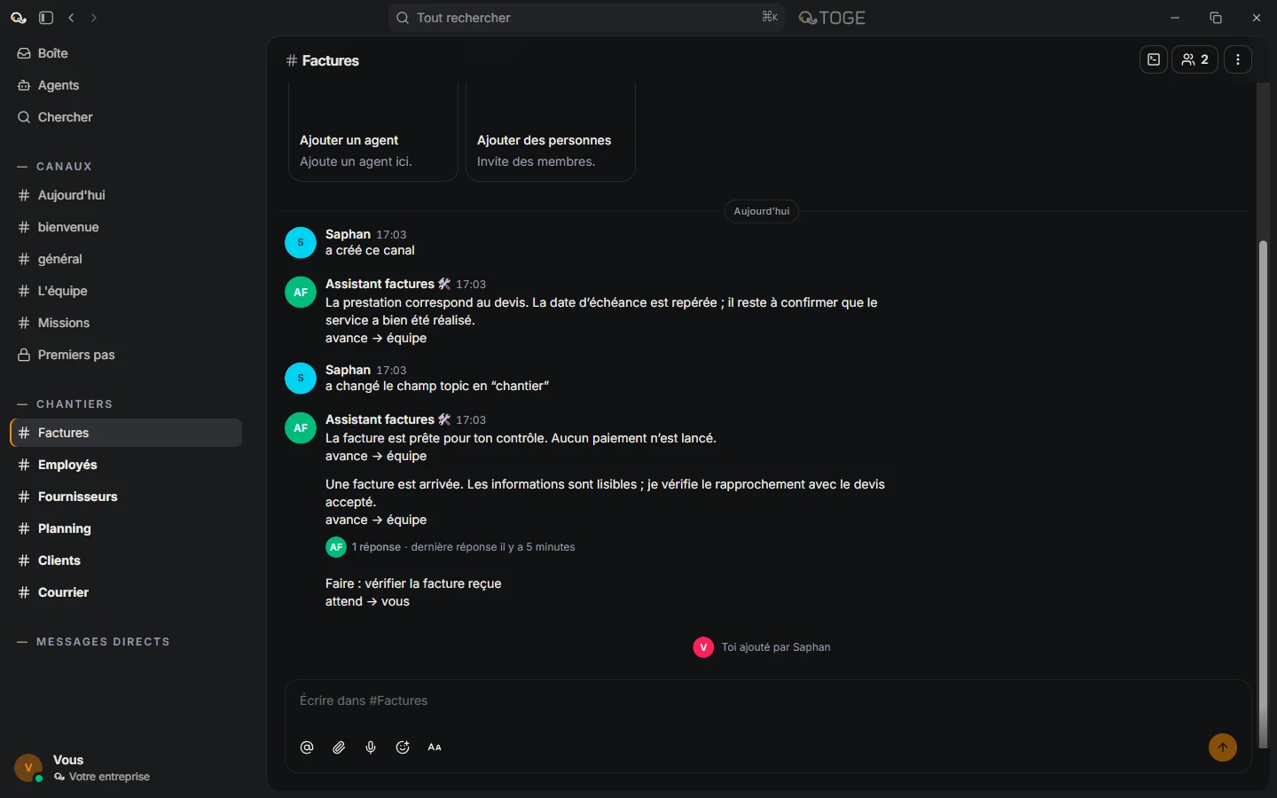 With the thread closed, the whole space goes to the Invoices conversation.